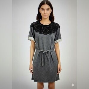 SEA New York Belted Dress Black Grey Cotton Lace M Boho Chic Casual Office Party